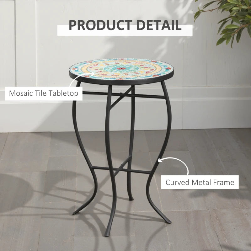 Mosaic Patio Table, Round Coffee Table with Metal Frame, Garden Furniture for Outdoor, Poolside, Multicolor