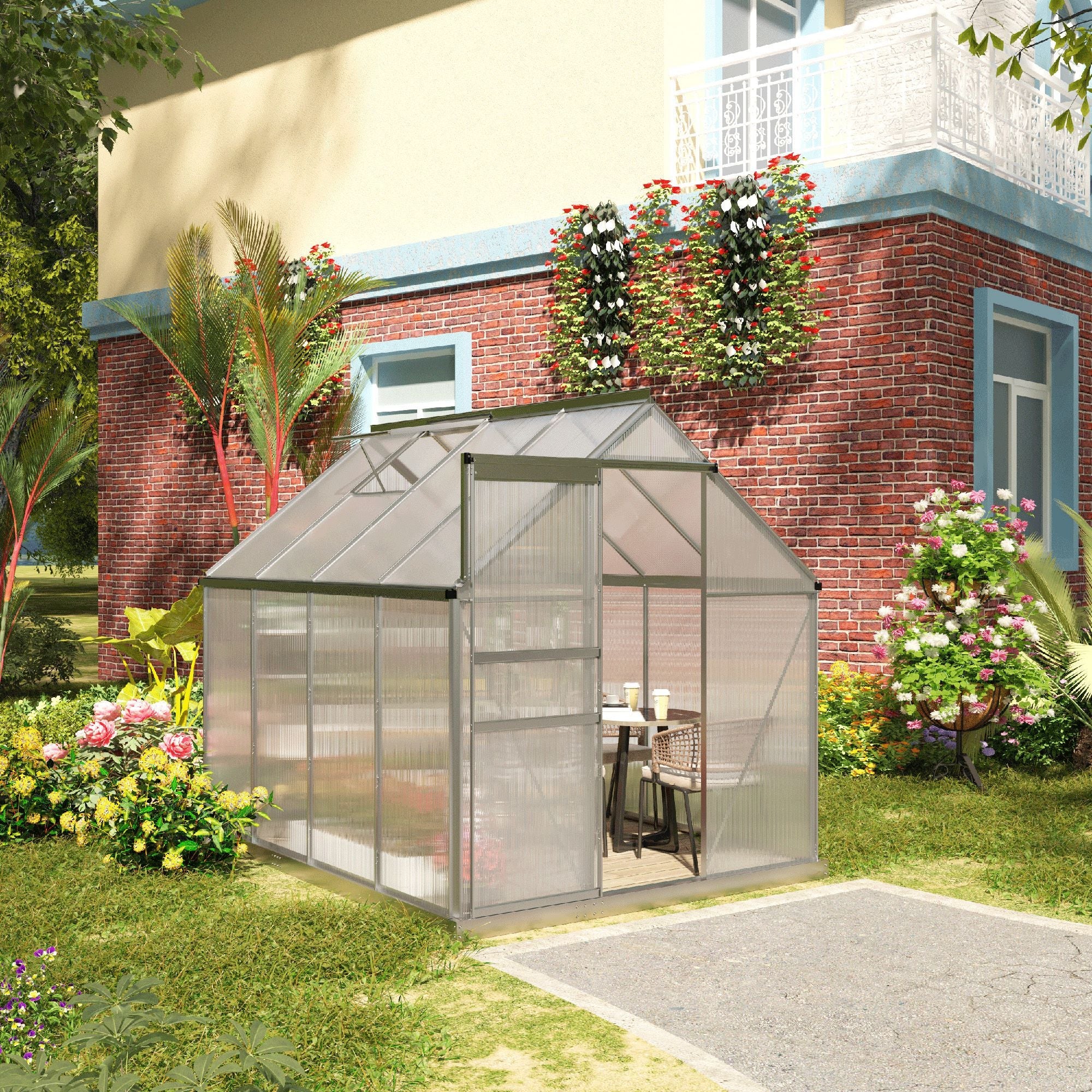 Outsunny Walk-in Greenhouse 6' x 8' x 6.5' Polycarbonate Adjustable Roof Vent Base Sliding Door Clear 