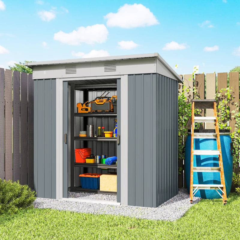 6' x 4' Outdoor Storage Shed, Metal Garden Shed with Lockable Sliding Doors and Vents, Grey