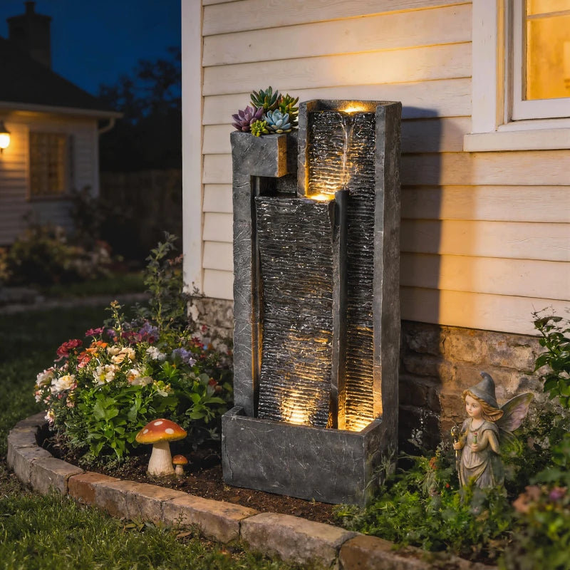 Outdoor Water Fountain with LED Lights and Planter, 3-Tier Modern Cascading Waterfall Feature with Pump, Dark Grey