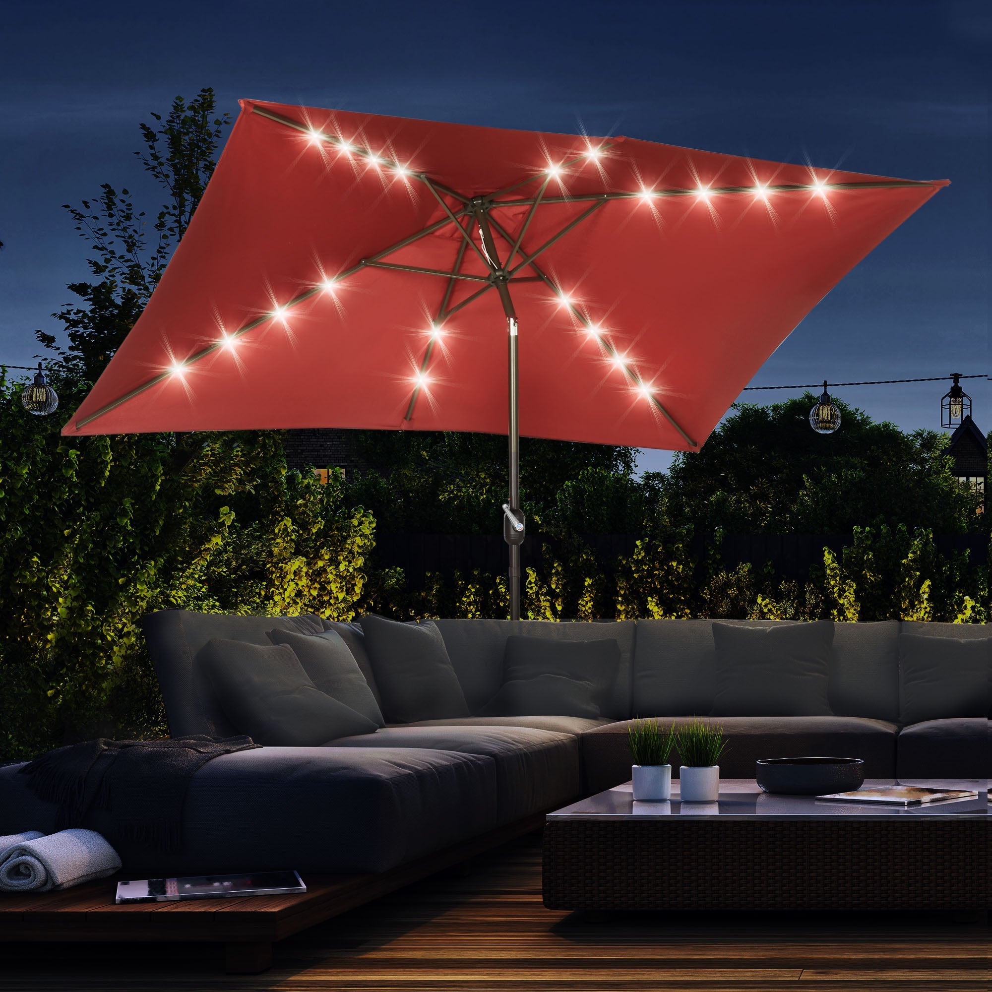 Outsunny 6.5x10ft Patio Umbrella Rectangle Solar Powered Tilt Aluminum Outdoor Market Parasol with LEDs Crank (Wine Red) 