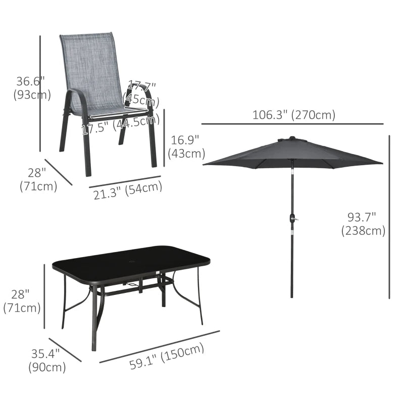 8 Pieces Patio Dining Set with Umbrella, 6 Chairs and Table, Grey