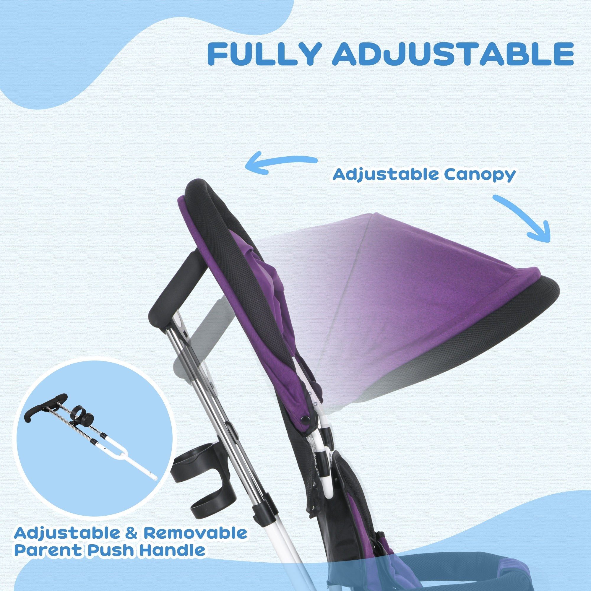 Qaba 4-in-1 Convertible Toddler Tricycle Stroller with Canopy Basket Safety Harness for Kids 12-60 Months Purple 