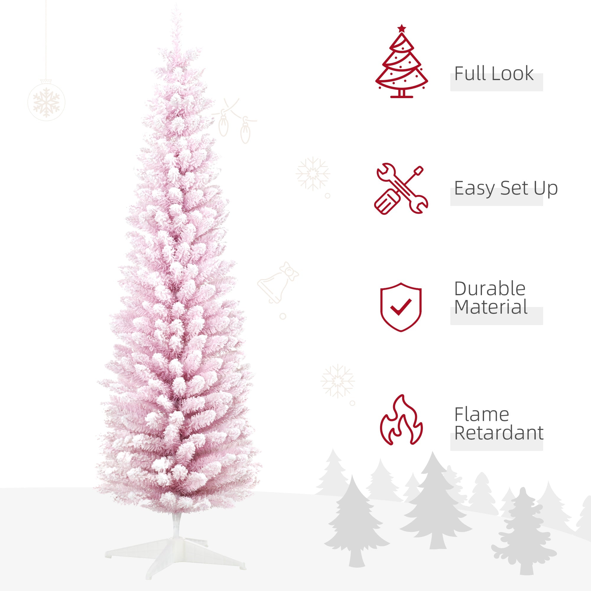 HOMCOM 7ft Flocked Christmas Tree, Pencil Artificial Christmas Tree with Realistic Branches, Pink 