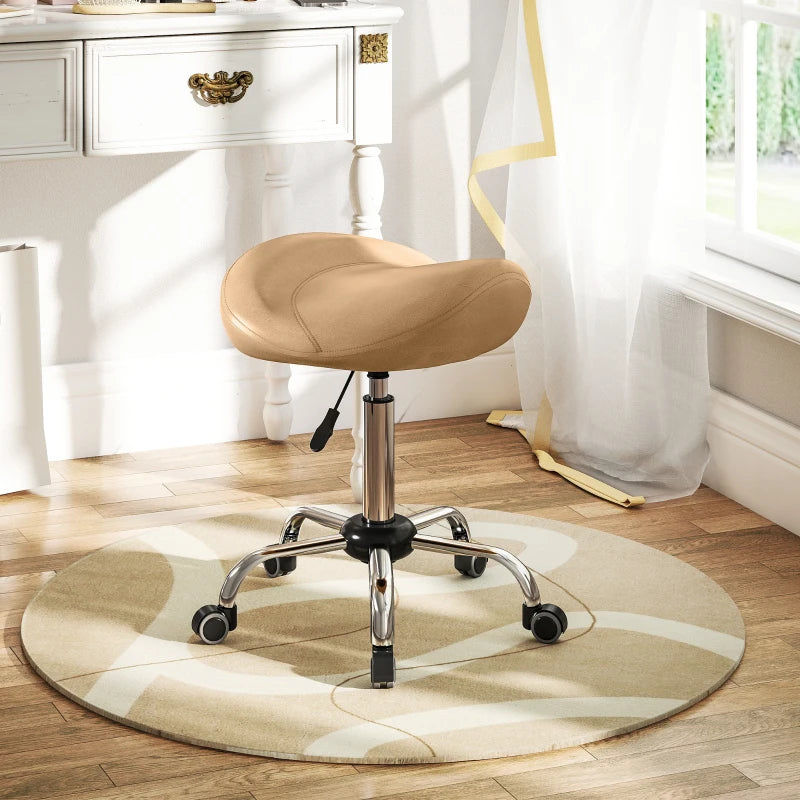 Saddle Stool, Height Adjustable Rolling Salon Chair with PU Leather for Massage, Spa, Clinic, Beauty and Tattoo, Brown