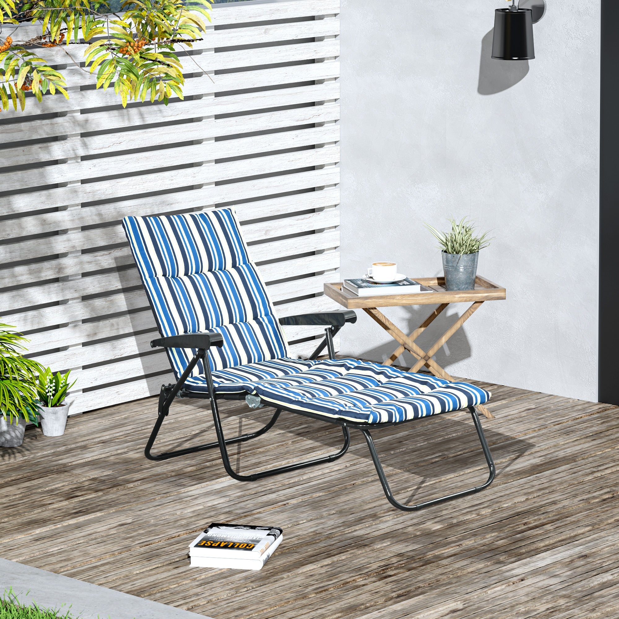 Outsunny Foldable Lounge Chair, Reclining Patio Sun Lounger with 6-Position Adjustable Back, Blue and White 