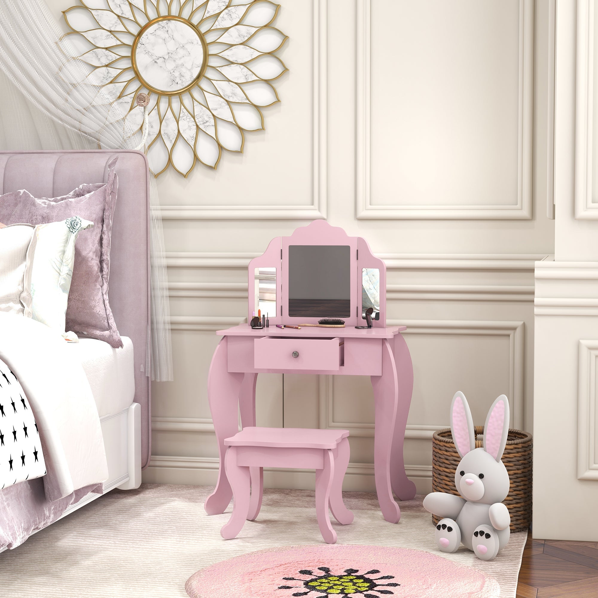 Qaba Star Heart Vanity Table: Tri-Fold Mirror, Drawer, Makeup Desk & Stool for Girls, Pink 