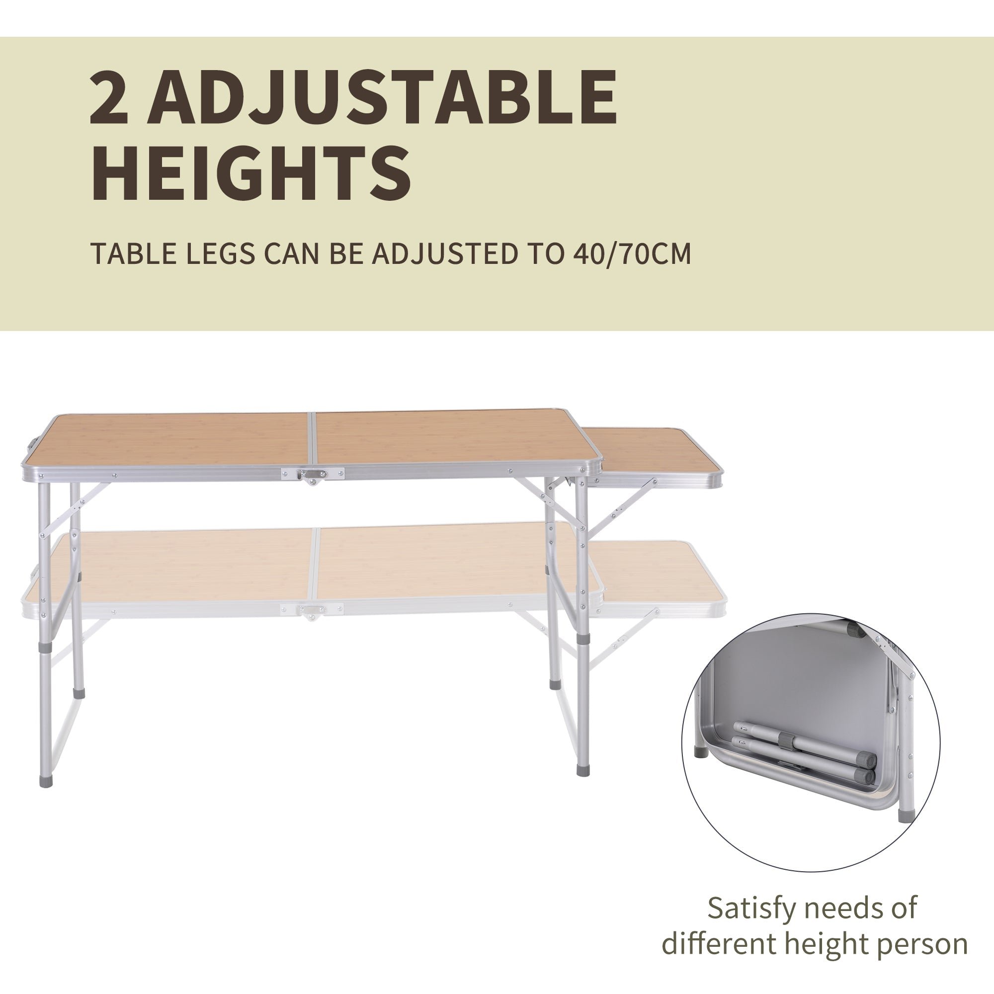 Outsunny Portable Picnic Table with Slide Shelf Foldable Design 2 Adjustable Heights for Outdoor Use 