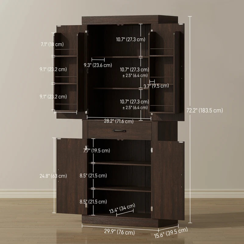 72" Kitchen Pantry Cabinet, Farmhouse Kitchen Storage Cabinet with 4 Barn Doors, 6 Door Shelves, Drawer, Brown