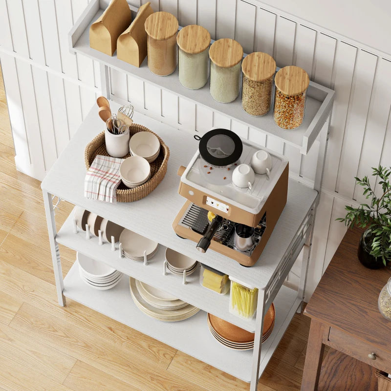 Kitchen Baker's Rack with Power Outlet, Coffee Bar Station with Adjustable Shelves and Hooks, Distressed White