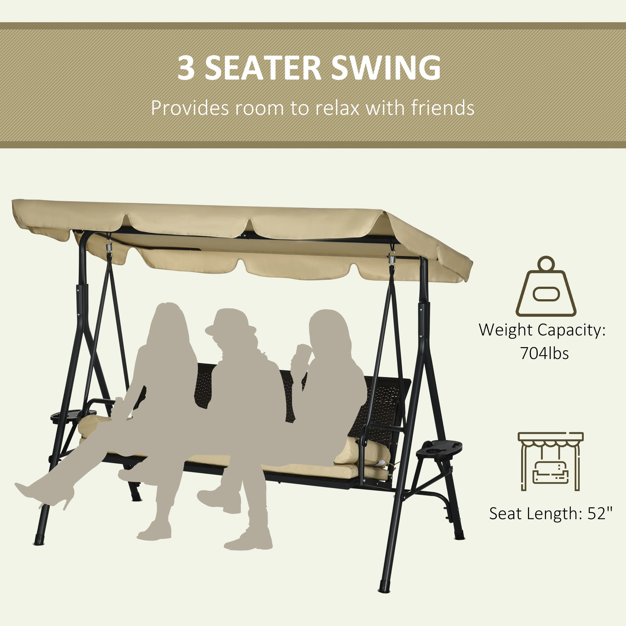 Outsunny Outdoor 3-Seat Porch Swing with Canopy: Rattan Seat, Removable Cushion, Pillows, Steel Frame for Patio Comfort 