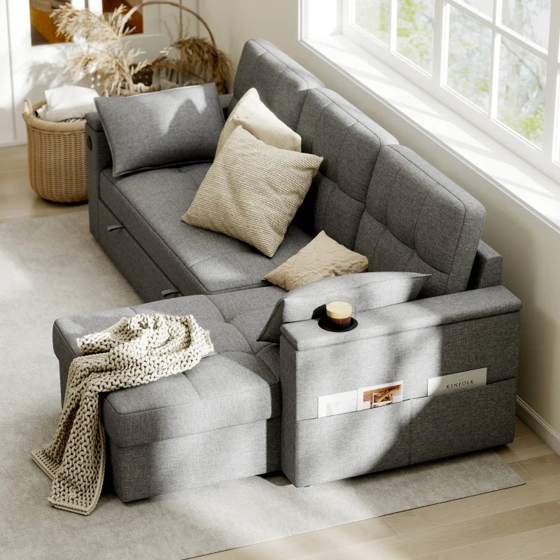 Convertible Sectional Sofa Bed, Pull Out Sleeper Sofa Couch with USB‑A+C, Chaise Storage, L-Shaped Futon Couch, Grey