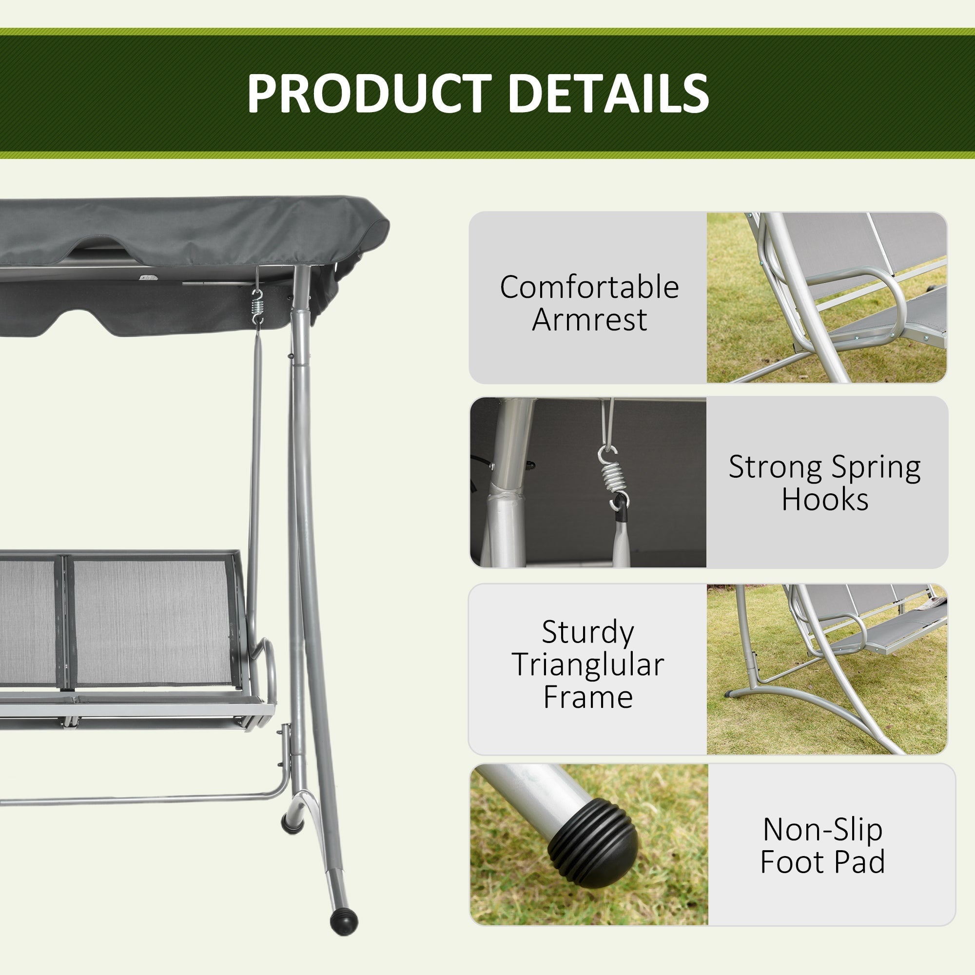 Outsunny 3 Person Patio Swing Seats with Adjustable Canopy Outdoor Swing Chair Bench for Garden, Poolside, Dark Grey 