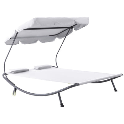 Outsunny Patio Double Chaise Outdoor Lounge Bed with Canopy and Headrest Pillow Cream White 