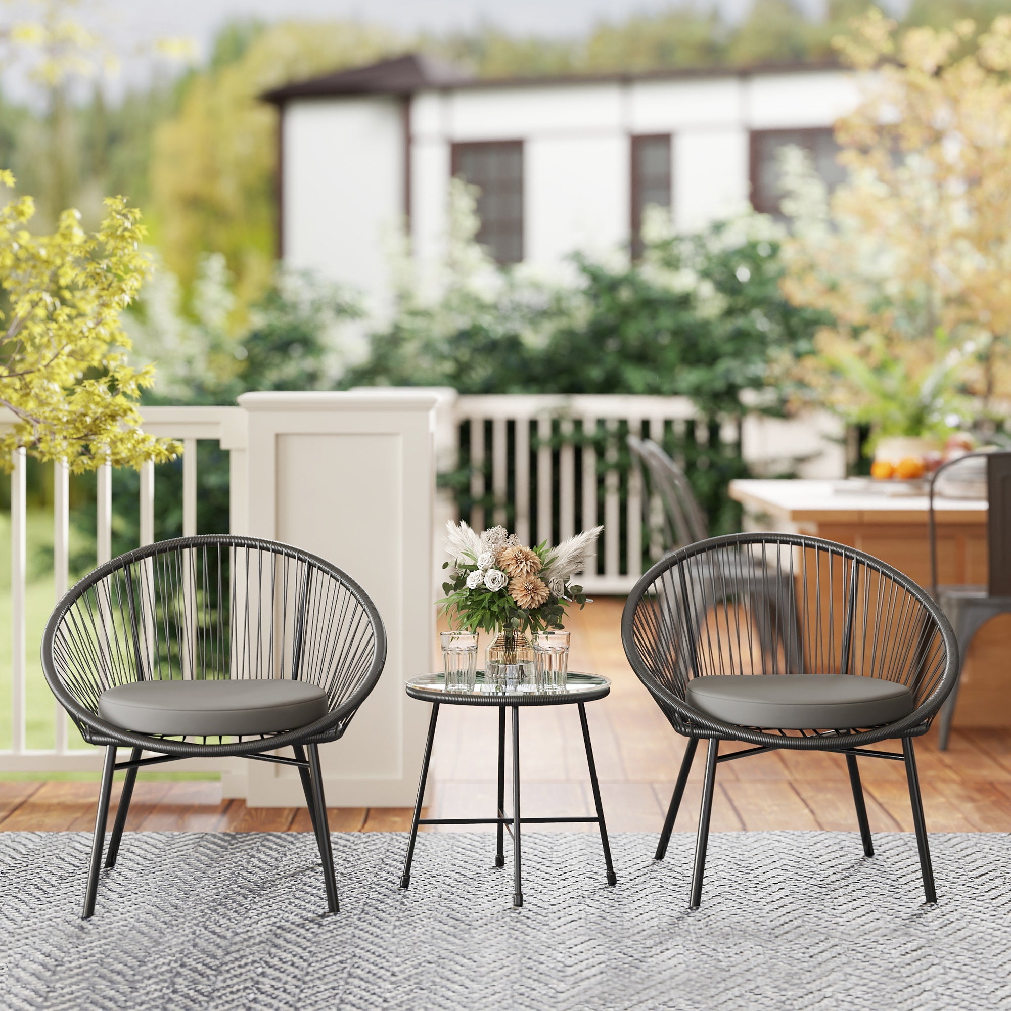 Outsunny 3 Piece Wicker Patio Furniture Set with Soft Seat Cushions, Tempered Glass Tabletop, Bistro Set for Garden, Black 