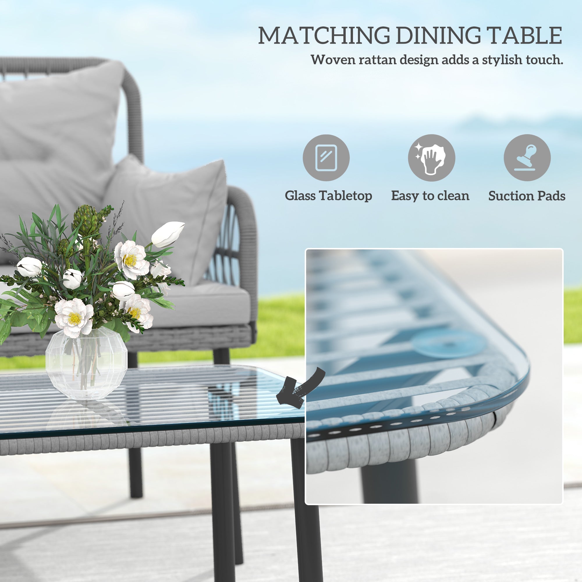 Outsunny 2 Pieces Wicker Patio Furniture Set, Small Patio Seat with Outdoor Loveseat, Glass Top Table and Cushions, Light Grey 