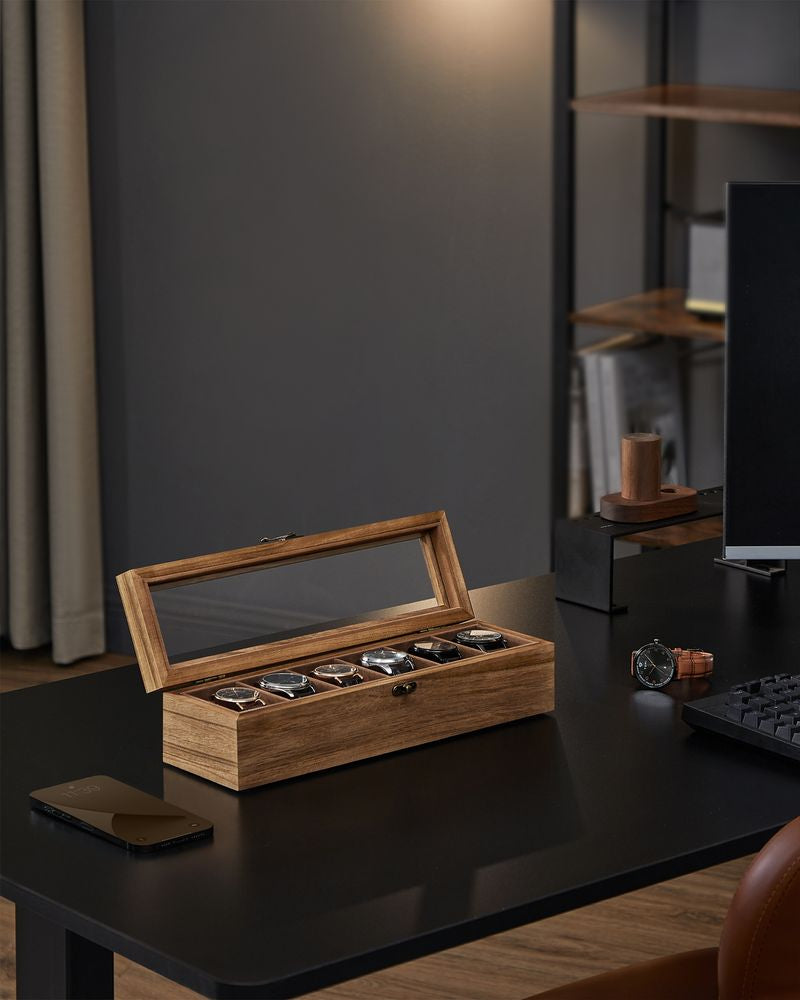 6-Slot Solid Wood Watch Box with Glass Lid, Rustic Walnut Watch Organizer & Display Case