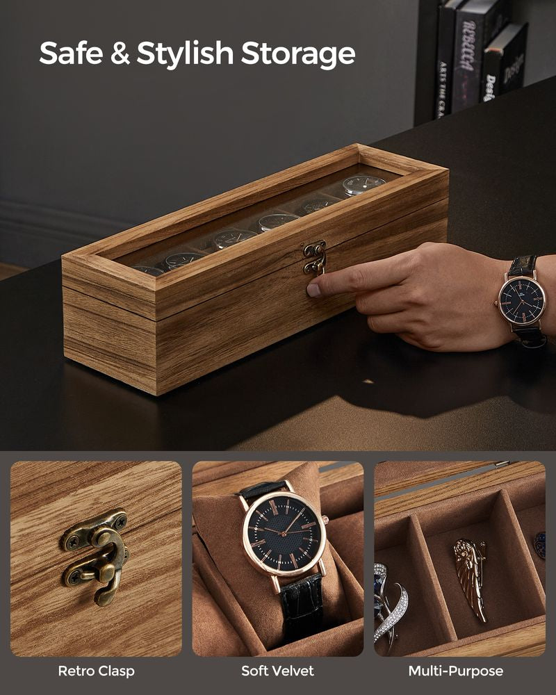 6-Slot Solid Wood Watch Box with Glass Lid, Rustic Walnut Watch Organizer & Display Case