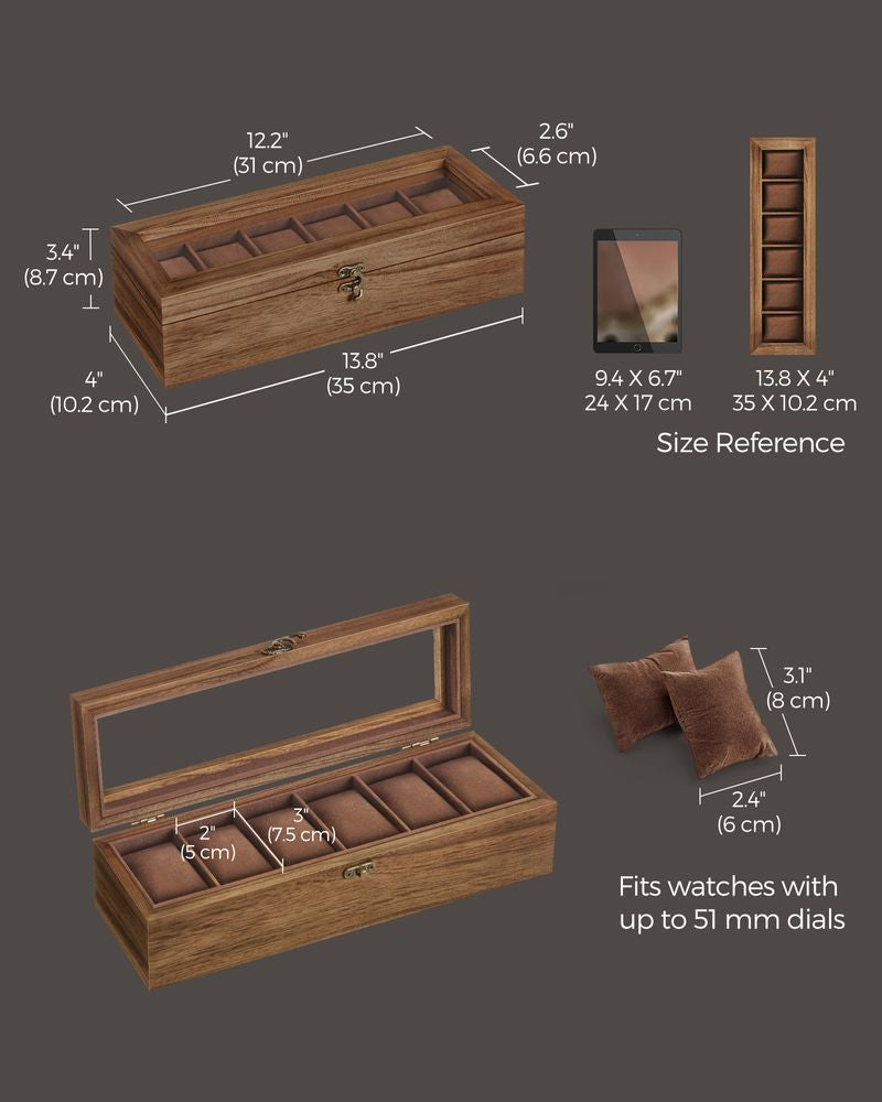 6-Slot Solid Wood Watch Box with Glass Lid, Rustic Walnut Watch Organizer & Display Case