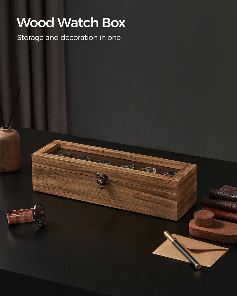 6-Slot Solid Wood Watch Box with Glass Lid, Rustic Walnut Watch Organizer & Display Case