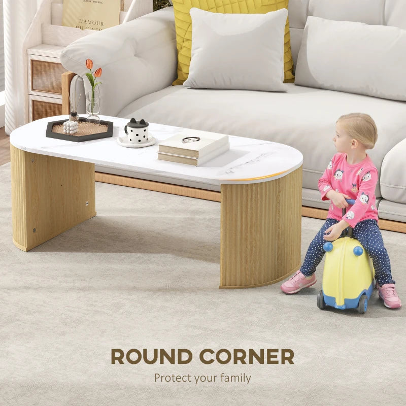 Coffee Table, Modern Marble-Effect Living Room Table with Round Corners and Thicken Legs, Natural Wood