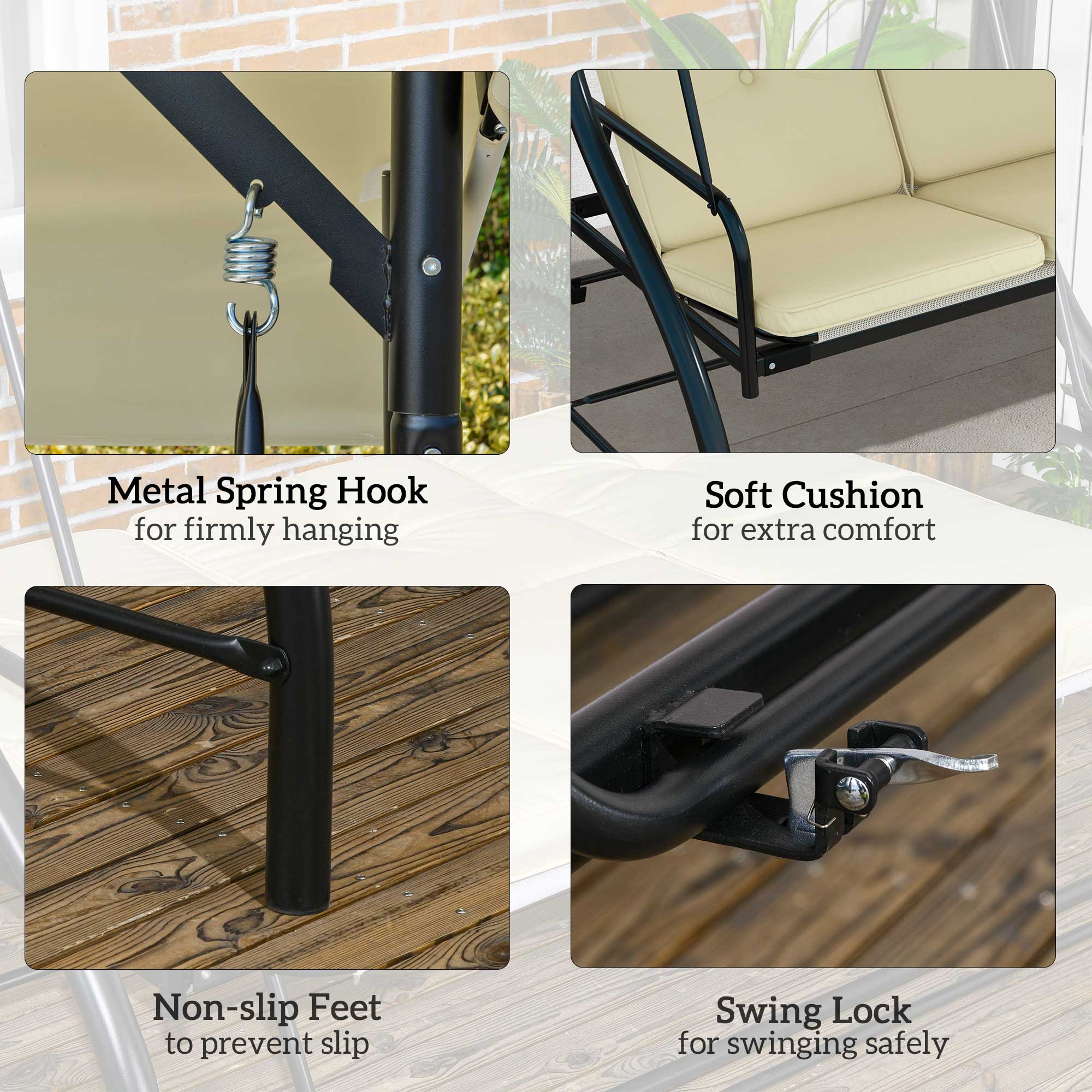 Outsunny Convertible Patio Swing Bed with Canopy and Cushions, 3 Seater Porch Swing for Outdoor, Backyard, Garden, Beige 