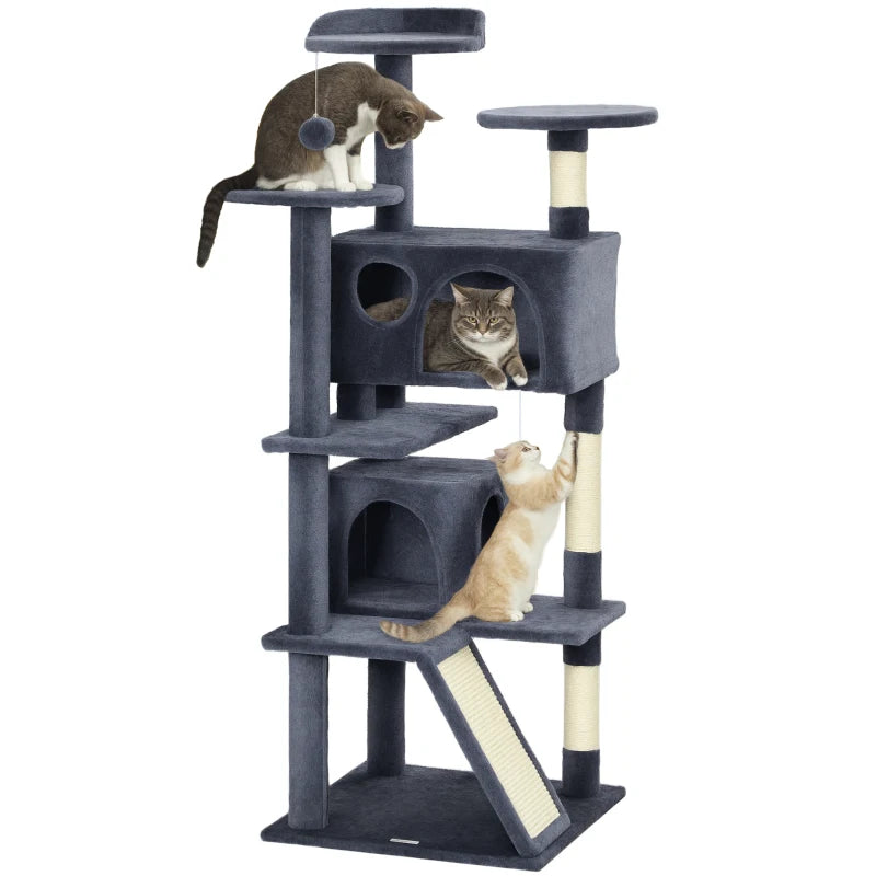 54" Cat Tree, Multi-Level Cat Tower with Scratching Posts, Cat Condos, Bed, Platforms, Ramp, Toy Ball, Dark Grey
