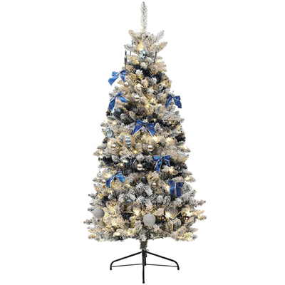 HOMCOM 6ft Prelit Artificial Christmas Tree with Blue Ornaments, Flocked Christmas Tree with LED Lights for Home Office 