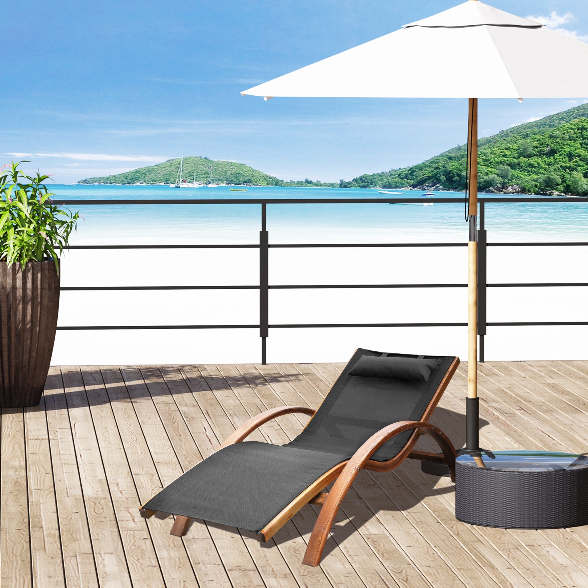 Outsunny Patio Chaise Lounge Chair with Headrest, Garden Sun Lounger Recliner with Wood Frame, Texteline, Black 