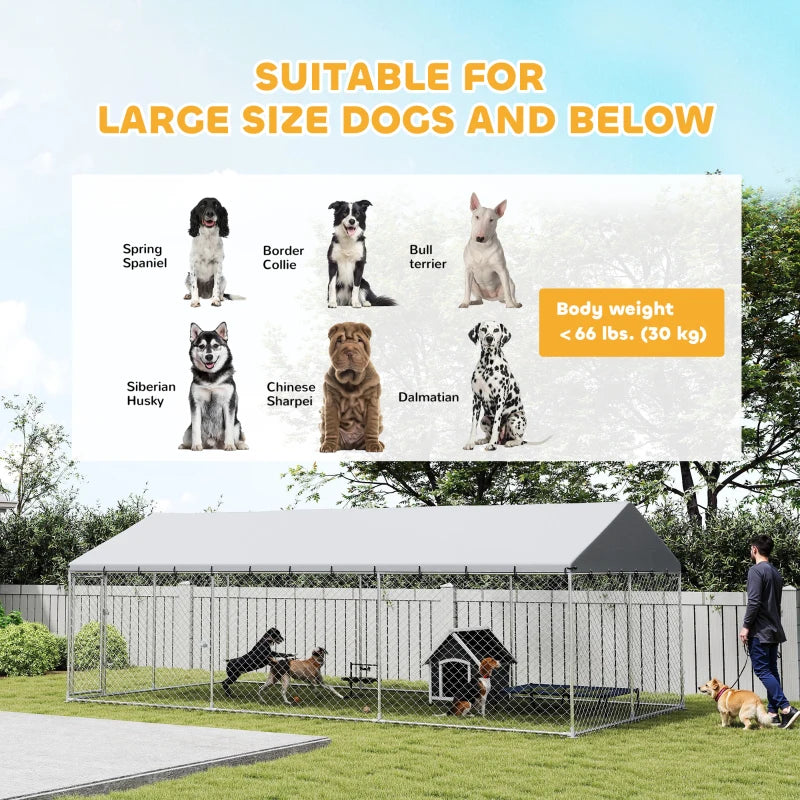 Galvanized Steel Outdoor Dog Kennel with Roof, Safety Locks, for Backyard, 19.7' x 9.8' x 7.1'