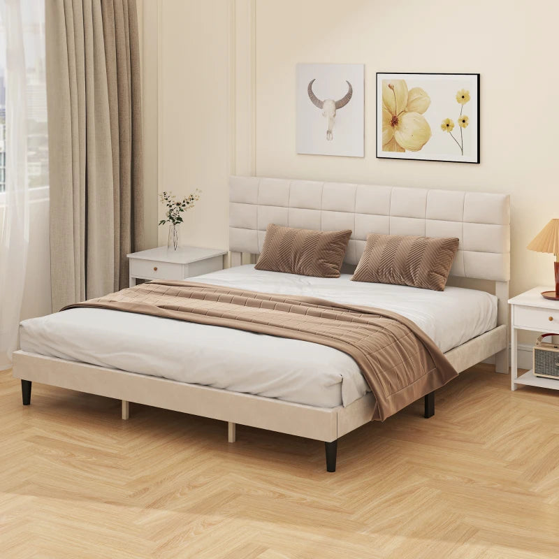 King Size Bed Frame with Upholstered Headboard, Modern Platform Bed Frame with Wood Slats, 1100 lbs Capacity, Cream White