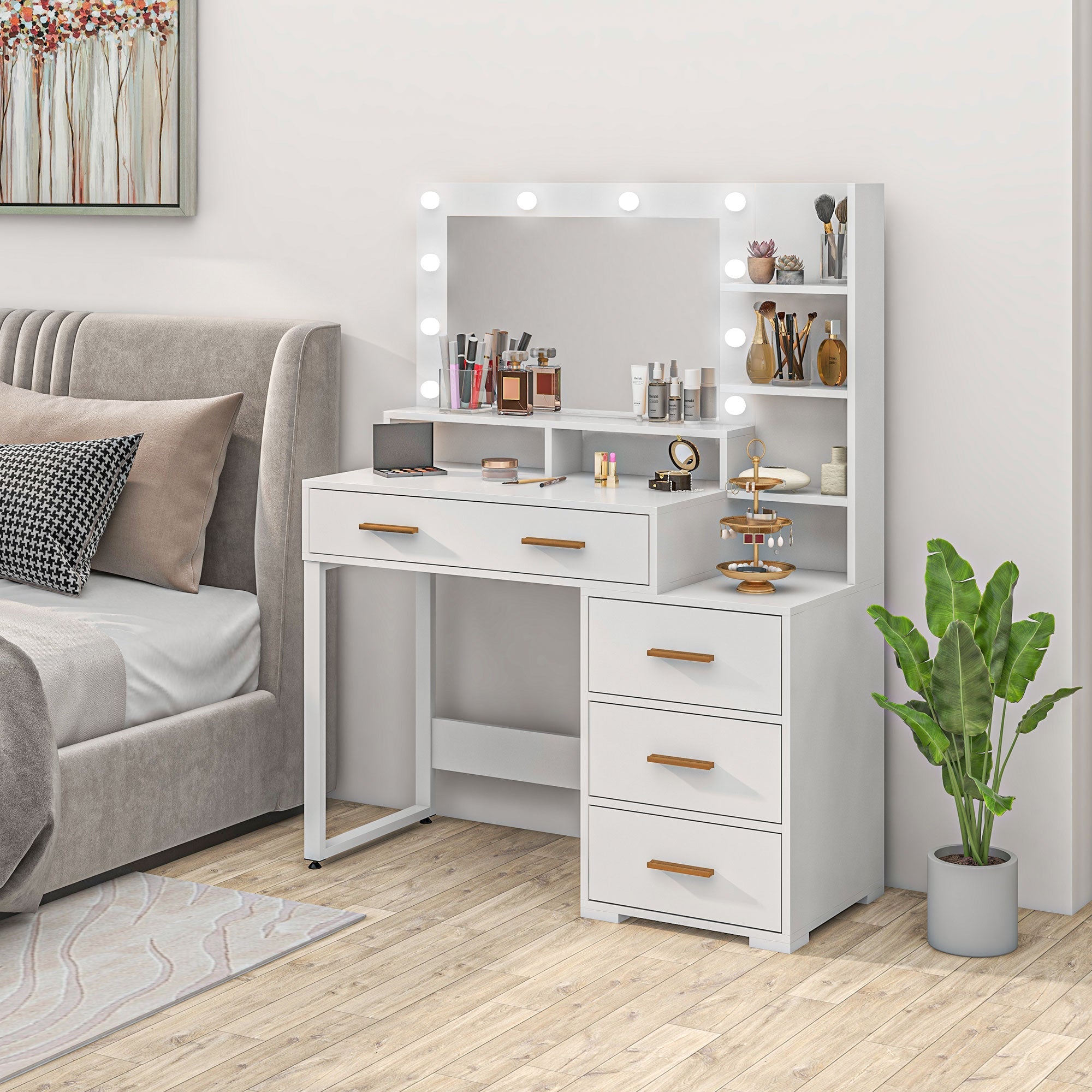 HOMCOM Illuminated Dresssing Table, LED Vanity Table with Mirror, Drawer and Storage Shelves for Bedroom, White 