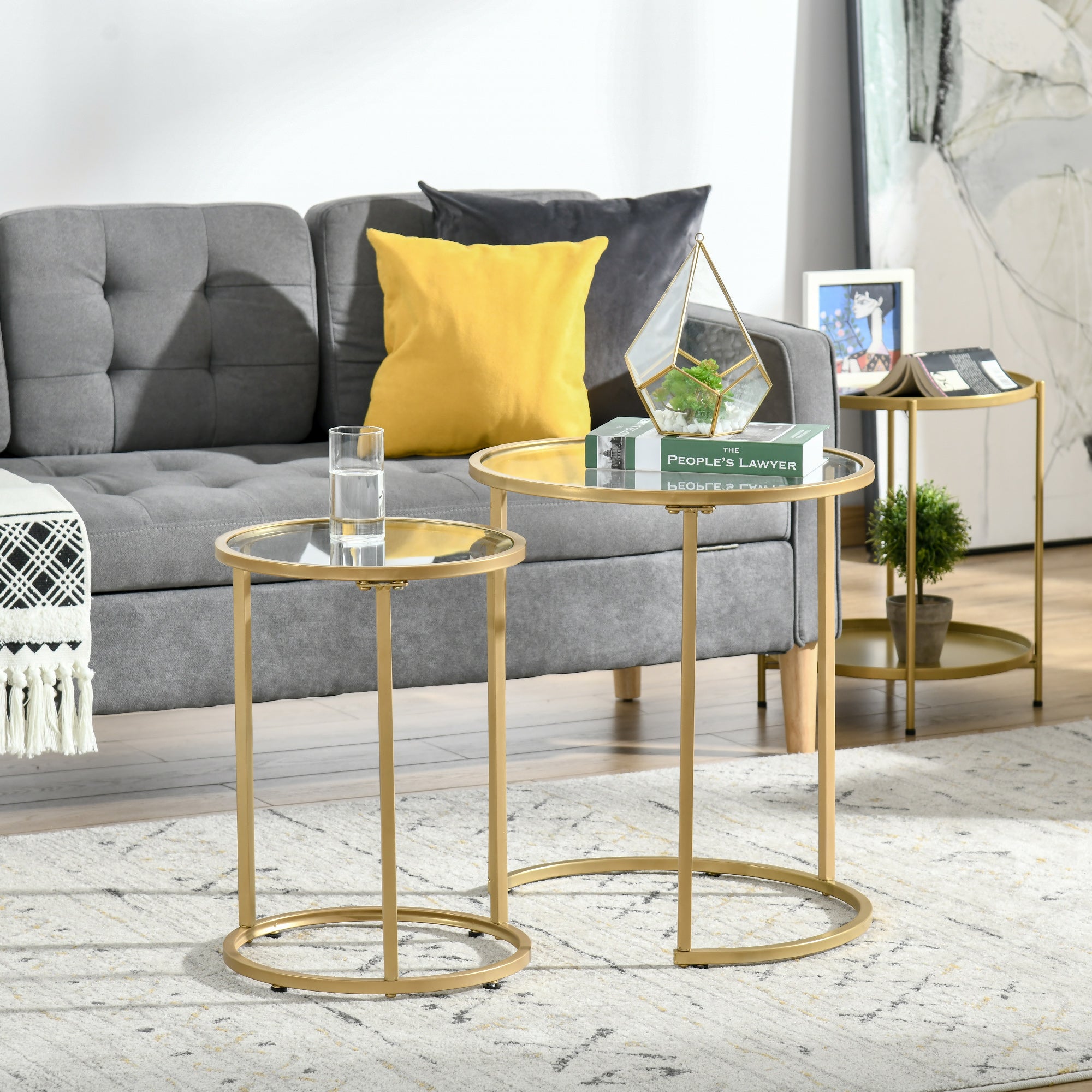 HOMCOM Glamorous Nesting Tables: Set of 2 Round Side Coffee Tables with Tempered Glass Top, Elegant Gold Metal Base 
