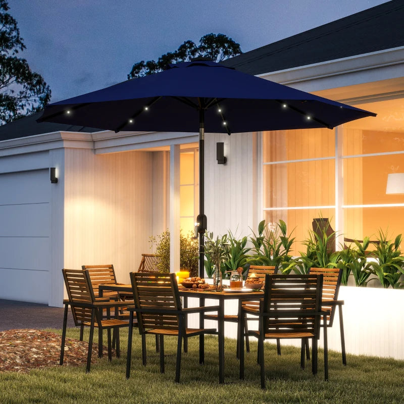 9ft Solar Patio Umbrella Outdoor Sunshade 24 LED Lights Tilt Canopy Navy Blue