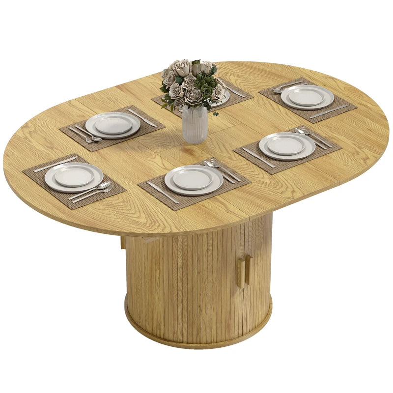 Extendable Dining Table for 6, 60" Farmhouse Kitchen Table with 2-Tier Storage Shelf and Fluted Sliding Doors, Natural