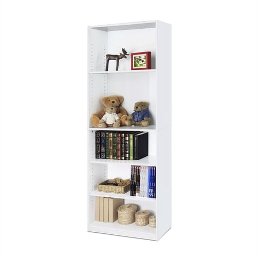 Modern 5-Shelf Bookcase in White Wood Finish - Free Shipping