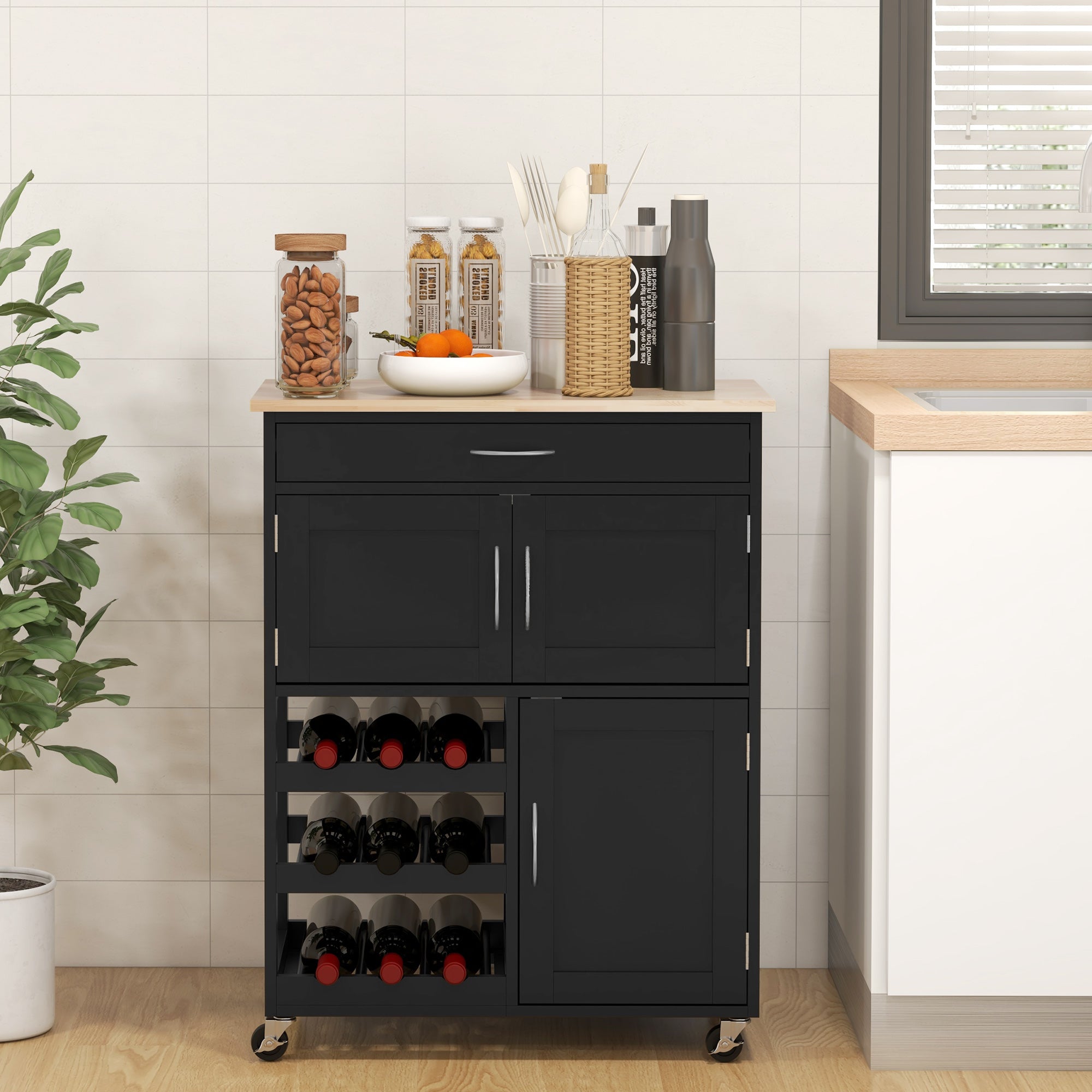 HOMCOM Kitchen Entertainer: Black Rolling Trolley with Storage Drawer, 9-Bottle Wine Rack Cabinet, Wooden Top 