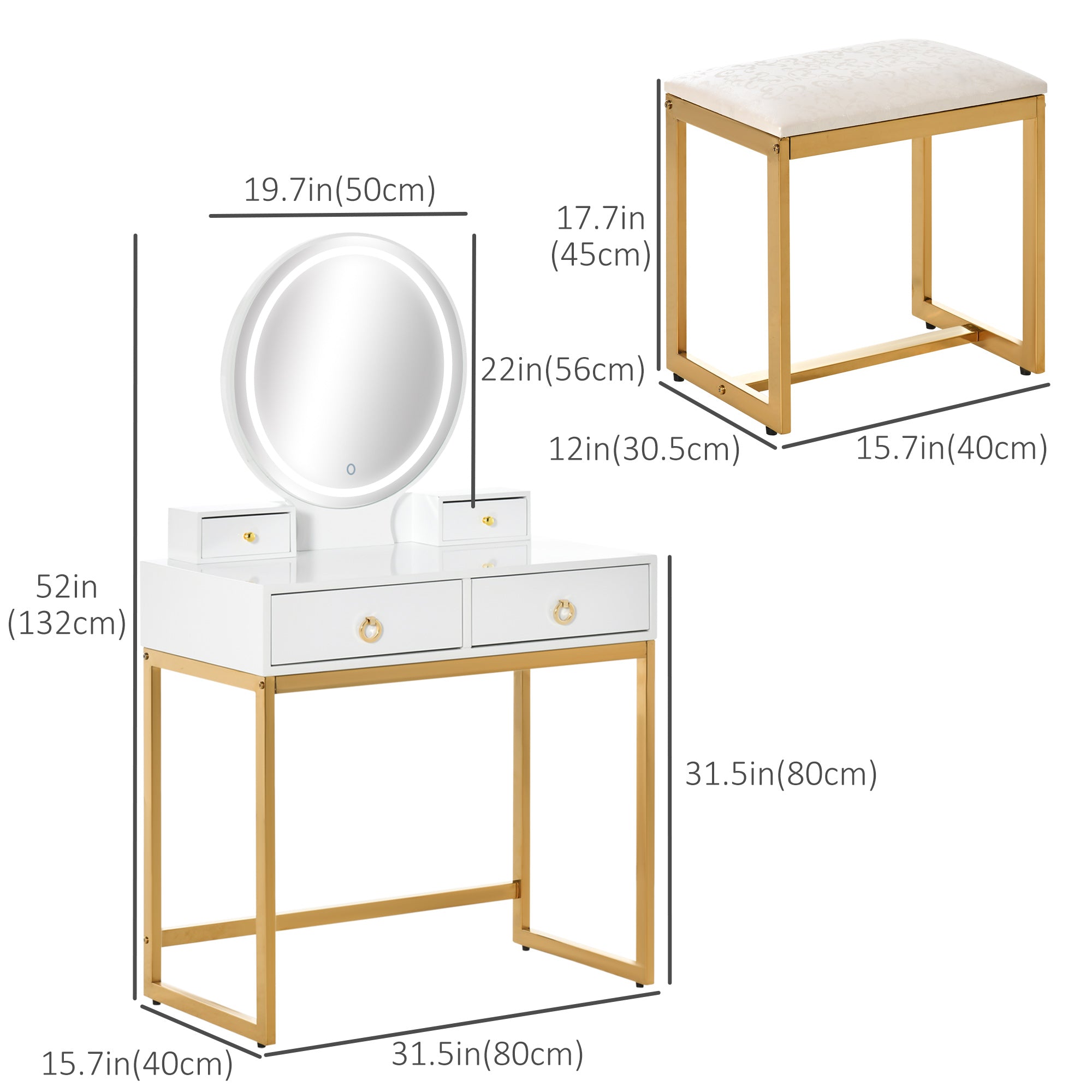 HOMCOM Elegant Makeup Vanity Set with Round Mirror 3-Color LED Light 4 Drawers Cushioned Stool White for Bedroom Decor 