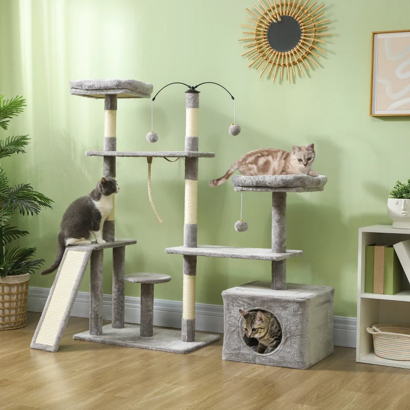 53" Cat Tree, Cat Tower with Scratching Posts, Cat Condo, Beds, Platforms, Toy Balls for Indoor Cats, Light Grey