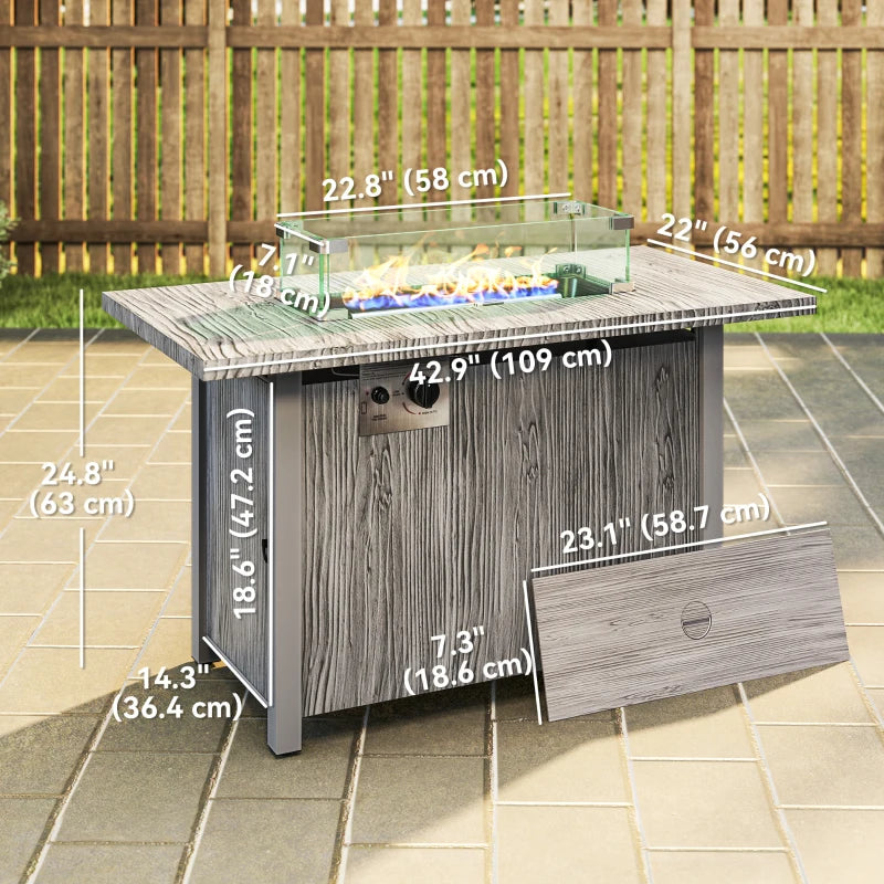50,000 BTU Gas Fire Pit Table with Cover and Glass Screen, Grey