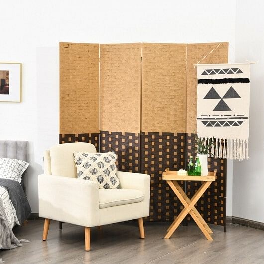 4 Panel Portable Folding Hand-Woven Wall Divider Suitable for Home Office-Brown - Free Shipping 