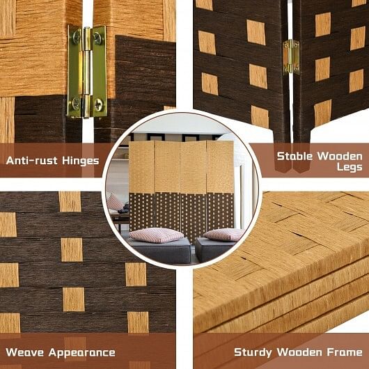 4 Panel Portable Folding Hand-Woven Wall Divider Suitable for Home Office-Brown - Free Shipping 