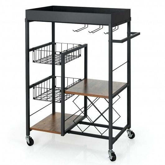 Kitchen Island Cart on Wheels with Removable Top and Wine Rack-Rustic Brown - Free Shipping