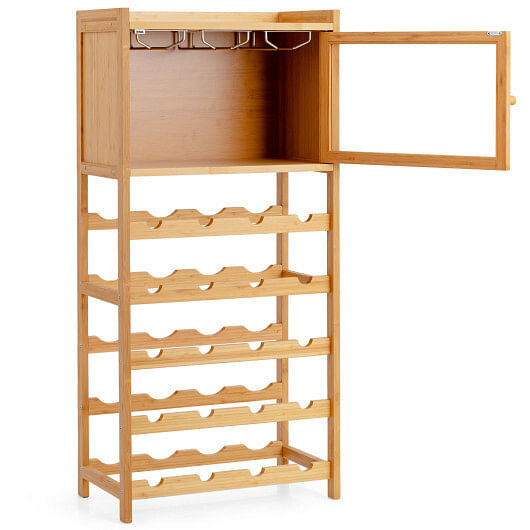 20-Bottle Freestanding Bamboo Wine Rack Cabinet with Display Shelf and Glass Hanger-Natural - Free Shipping