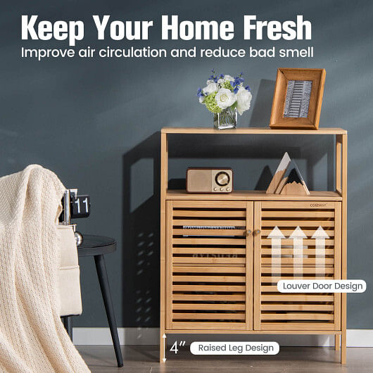 Bamboo Bathroom Floor Storage Cabinet with Shutter Doors-Natural - Free Shipping 