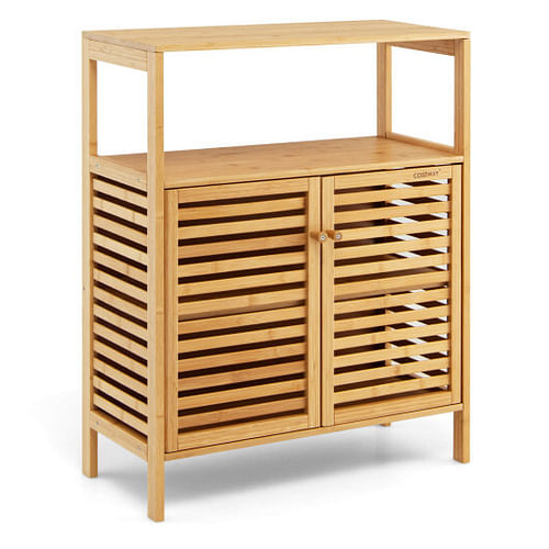 Bamboo Bathroom Floor Storage Cabinet with Shutter Doors-Natural - Free Shipping 