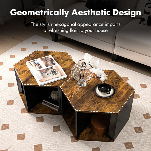 2 Pieces Hexagonal Side End Table for Living Office Coffee Room-Coffee - Free Shipping