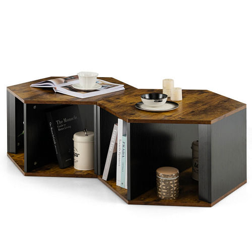 2 Pieces Hexagonal Side End Table for Living Office Coffee Room-Coffee - Free Shipping