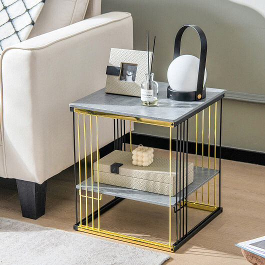 2-Tier Metal Square Side End Table with Removable Shelf-Gray - Free Shipping