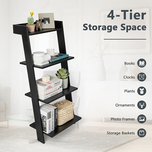4-Tier Ladder Shelf with Solid Frame and Anti-toppling Device-Black - Free Shipping 